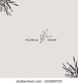 Botanical logo. Hand drawn floral logo for hotel, boutique, cafe, shop, blog, photography artist, home decor,  organic shop. Hand drawn feminine flower logo design