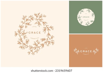 Botanical logo kit, Premade logo design, Handdrawn logotype, Floral design, Branding kit, Minimal emblem, Minimalistic sign, Leaf logo, Twigs, Branch, Logo pack, Template pack