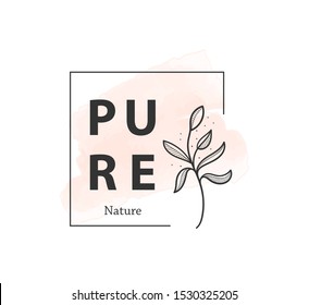 Botanical logo outline drawing. Minimal floral vintage style. Doodle plant vector illustration. Pure nature organic brush. Line drawing. Botanical floral badge collection. Eco product emblem set.