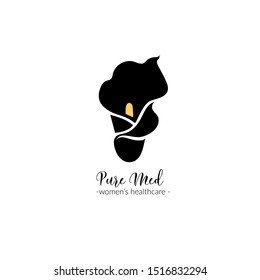 a botanical logo template with a calla lily silhouette; black and white elegant, stylish identity / graphic design element for women's health clinic, also beauty salon, cosmetic company, organic shop