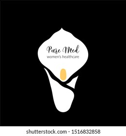 a botanical logo template with a calla lily silhouette; black and white elegant, stylish identity / graphic design element for women's health clinic, also beauty salon, cosmetic company, organic shop