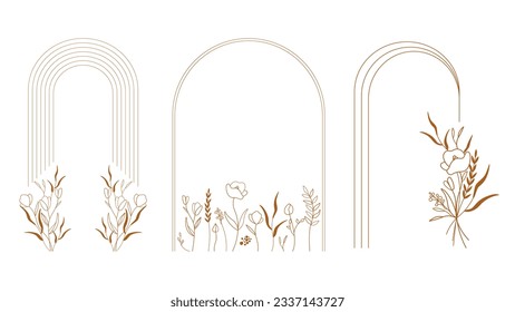 Botanical logo template in trendy linear style with arch and floral border. Emblem for label, wedding invitation, save the date, logo, monogram flower salon, beauty, fashion and jewelry industry