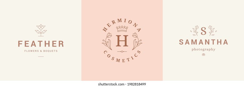 Botanical logos emblems design templates set with blossom flowers vector illustrations minimal linear style. Outline symbols for cosmetics and packaging or floral products branding