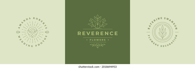 Botanical logos emblems design templates set with blossom flowers and rose vector illustrations minimal line art style. Outline symbols for cosmetics and packaging or floral products branding