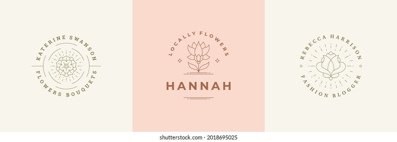 Botanical logos emblems design templates set with blossom flowers and rose vector illustrations minimal linear style. Outline symbols for cosmetics and packaging or floral products branding
