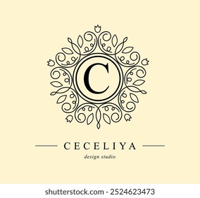 Botanical Logos. Monogram of letters C. with Organic Plant Elements. Vector design. for beauty salon or art studio.