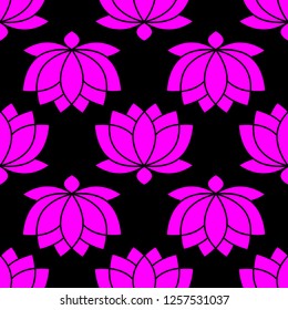 Botanical Lotus flower seamless pattern vector illustration on black background