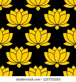 Botanical Lotus flower seamless pattern vector illustration on black background