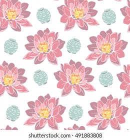 Botanical lotus flower seamless  pattern vector on white background.