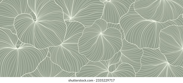 Botanical lotus leaf line art wallpaper background vector. Luxury natural hand drawn foliage pattern design in minimalist linear contour simple style. Design for fabric, cover, banner, invitation.