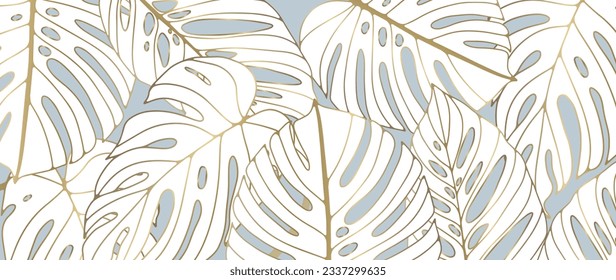 Botanical luxury background with white monstera leaves with gold outline. Background for decor, wallpapers, postcards, covers and presentations.