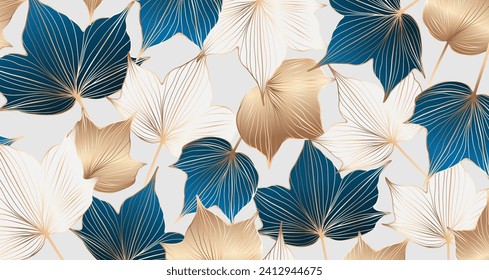 Fondo vectorial botánico de lujo con hojas doradas, azules y blancas. Tarjeta botánica, diseño de portada.