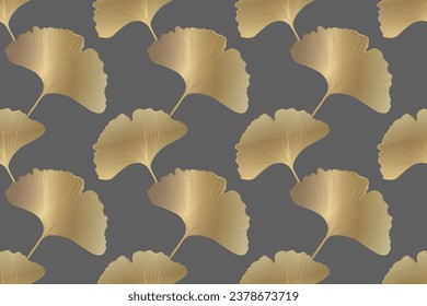 Botanical luxury vector seamless pattern with golden leaves of ginkgo biloba on a dark gray background. Vector gold pattern for textiles, wrapping paper, wallpaper, covers.