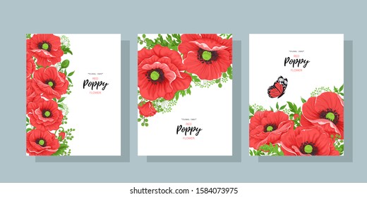 Botanical map with red poppies and wild leaves. Set of vector flower frames with space for your text. Collection of templates for invitation card design, wedding, banner, brochure cover design.