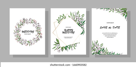Botanical map with wild leaves and flowers. Set of wedding invitations; flowers, leaves, flower and grass garlands with green foliage isolated on a white background hand drawing. Vector graphics.