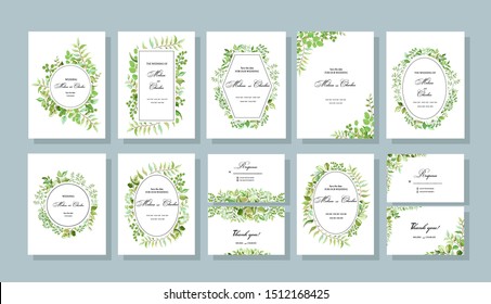 Botanical map with wild leaves. Large set of wedding invitations; decorative wreath, frame pattern, branches, leaves, flower and grass garlands with green foliage, exotic tropical plants. Vector.