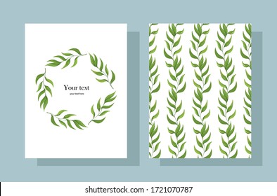 Botanical map with wild leaves. Seamless pattern of the branches on the white. Collection of Botanical frames with space for your text. Set of wedding invitations banners covers brochures templates.
