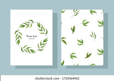 Mapa botánico con hojas silvestres. Patrón sin foco de las ramas en blanco. Colección de marcos botánicos con espacio para el texto. Un conjunto de banners de invitaciones a bodas cubre plantillas de folletos.