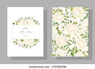 Mapa botánico con hojas silvestres. Juego de invitaciones a bodas con peonías. Pancarta con diseño floral, hojas y praderas con follaje verde de plantas tropicales exóticas. Gráficos vectoriales.