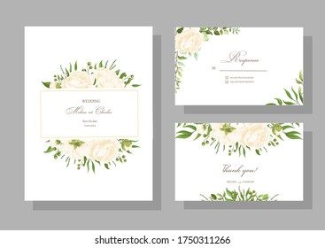 Botanical map with wild leaves. Set of wedding invitations with peonies. Banner with floral design, leaves and grass garlands with green foliage of exotic tropical plants. Vector graphics.