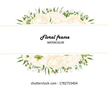 Botanical map with wild leaves. Wedding invitations with peonies. Banner with floral design, leaves and grass garlands with green foliage of exotic tropical plants. Vector graphics.