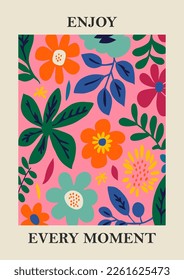 Botanical Matisse inspired flower wall art posters, brochure, flyer templates, contemporary collage. Organic shapes, line floral pattern with positive quote, hand drawn design, simple wallpaper. 