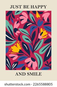Botanical Matisse inspired flower wall art posters, brochure, flyer templates, contemporary collage. Organic shapes, line floral pattern with positive quote, Just be happy and smile svg