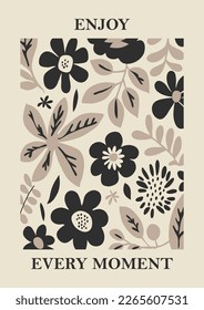 Botanical Matisse inspired flower wall art posters, brochure, flyer templates, contemporary collage. Organic shapes, line floral pattern with positive quote, hand drawn design, simple wallpaper. 