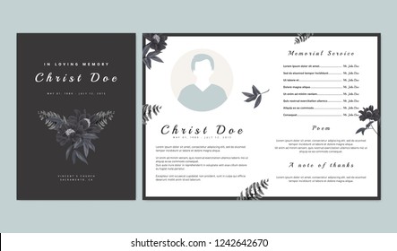 Botanical memorial and funeral invitation card template design, black paenia lactiflora flowers and fern on dark gray background