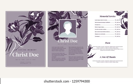 Botanical Memorial And Funeral Invitation Card Template Design, Flowers And Leaves, Purple Tone