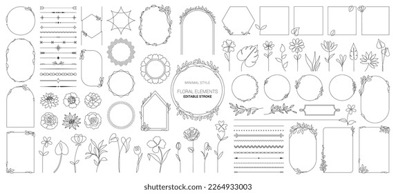 Botanical Minimal Decoration Set. Hand drawn line border frames, dividers, corners, flowers and labels, for wedding invitation and cards, logo design and posters template.