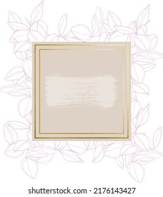 botanical minimalism line art leaves vector frame with golden borders and textured brush stroke