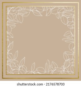 botanical minimalism line art leaves vector frame with golden borders 