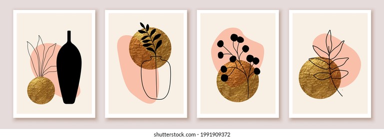 Botanical minimalist wall art composition. Autumn collage with leaves, plants, vases, abstract shapes. Golden circle.