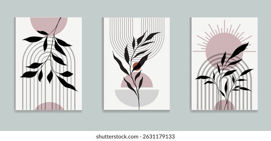 Botanical Minimalist Wall Decor Modern boho wall art set posters abstract boho rainbow prints vector