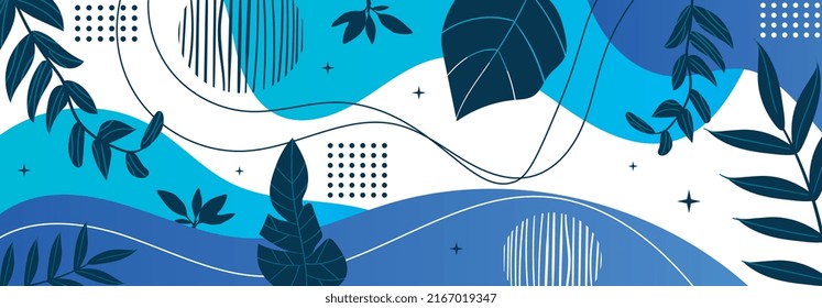 Botanical minimalistic banner. Modern style with organic patterns and geometric shapes. Graphic elements for website, place for text and slide for presentation. Cartoon flat vector illustration