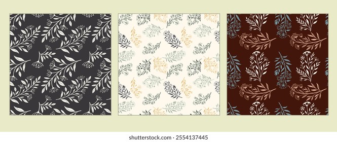 Botanical Minimalistic seamless pattern with Flowers, branches and leaves. Vector background of trendy botanical elements suitable for Wedding Invitation, print, wrapping, save the date and textile.
