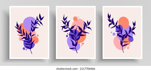Botanische minimalistische Vektorvorlage mit bunten Formen und Blättern. Helles Layout mit Umrisskreisen und Zweigen. Vorlagen für Wanddekoration, Postkarte oder Poster, Deckendesign.