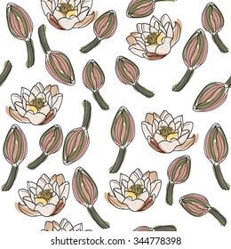 Botanical mix lotus flower and buds pattern vector.