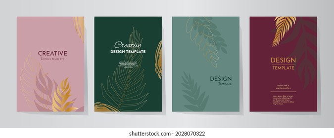 Botanical modern covers. Set abstract banners with leaves in minimal style. Hand drawn branch design. Flyers, Web design, Business cards, Book Illustration, Presentations. Colors: green, pink, gold