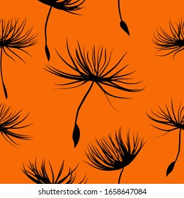 Botanical modern dark orange texture or background in vector. Seamless floral spring pattern with dandelion seeds. Design template for textile, cover, wallpaper, 
