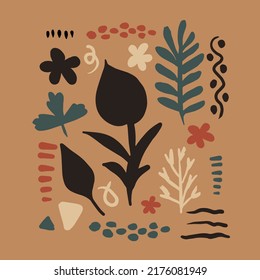 Botanical modern ethnic doodle square card. Trendy floral hand drawn vector illustration with flowers, twigs, leaf, blossom silhouette and abstract scribble shape, lines, dots, waves