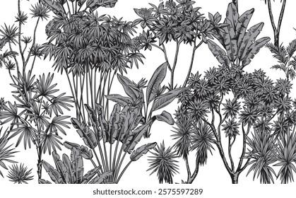 Botanical monochrome background with tropical trees. Black and white Hawaiian seamless pattern. Hand drawn sketch. Foliage design. Vector illustration. 