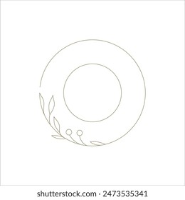 Botanical monochrome circle frame line art decorative element for logo vector illustration. Minimalist round border ornate ring tree branch with leaves and berries contour hand drawn design for emblem