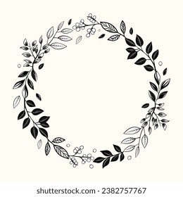 Botanical monochrome frame with leaves and berries for invitations, posters and wedding. Vector floral wreath