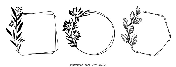 Marco monocromo botánico con flores y hojas. Vectores dibujados a mano para logo, invitación, boda, etiqueta, tarjeta funeraria, obituario. Dibujo lineal negro sobre un fondo blanco con espacio para texto