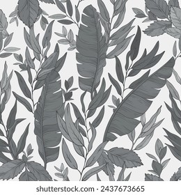 Botanical monochrome seamless pattern, hand drawn line art banana and eucalyptus leaves. Vector illustration.
