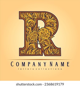 Botanical monogram letter R engraving with flowers vector illustrations for your work logo, merchandise t-shirt, stickers and label designs, poster, greeting cards advertising business company brands