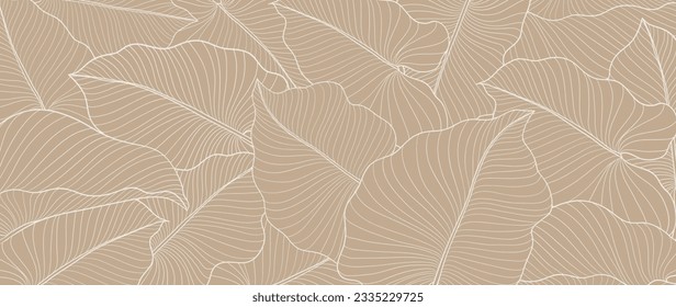 Botanical monstera leaf line art wallpaper background vector. Luxury natural hand drawn foliage pattern design in minimalist linear contour simple style. Design for fabric, cover, banner, invitation.