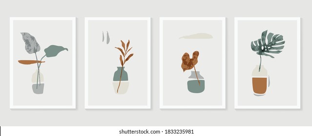 Botanical Monstera wall art vector set. Earth tone boho foliage line art drawing with  abstract shape.  Abstract Plant Art design for print, cover, wallpaper, Minimal and  natural wall art.
